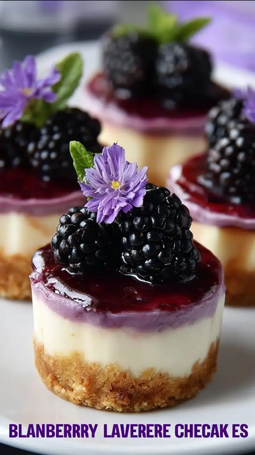 Mini blackberry lavender cheesecakes on a plate, showcasing delicious dessert.