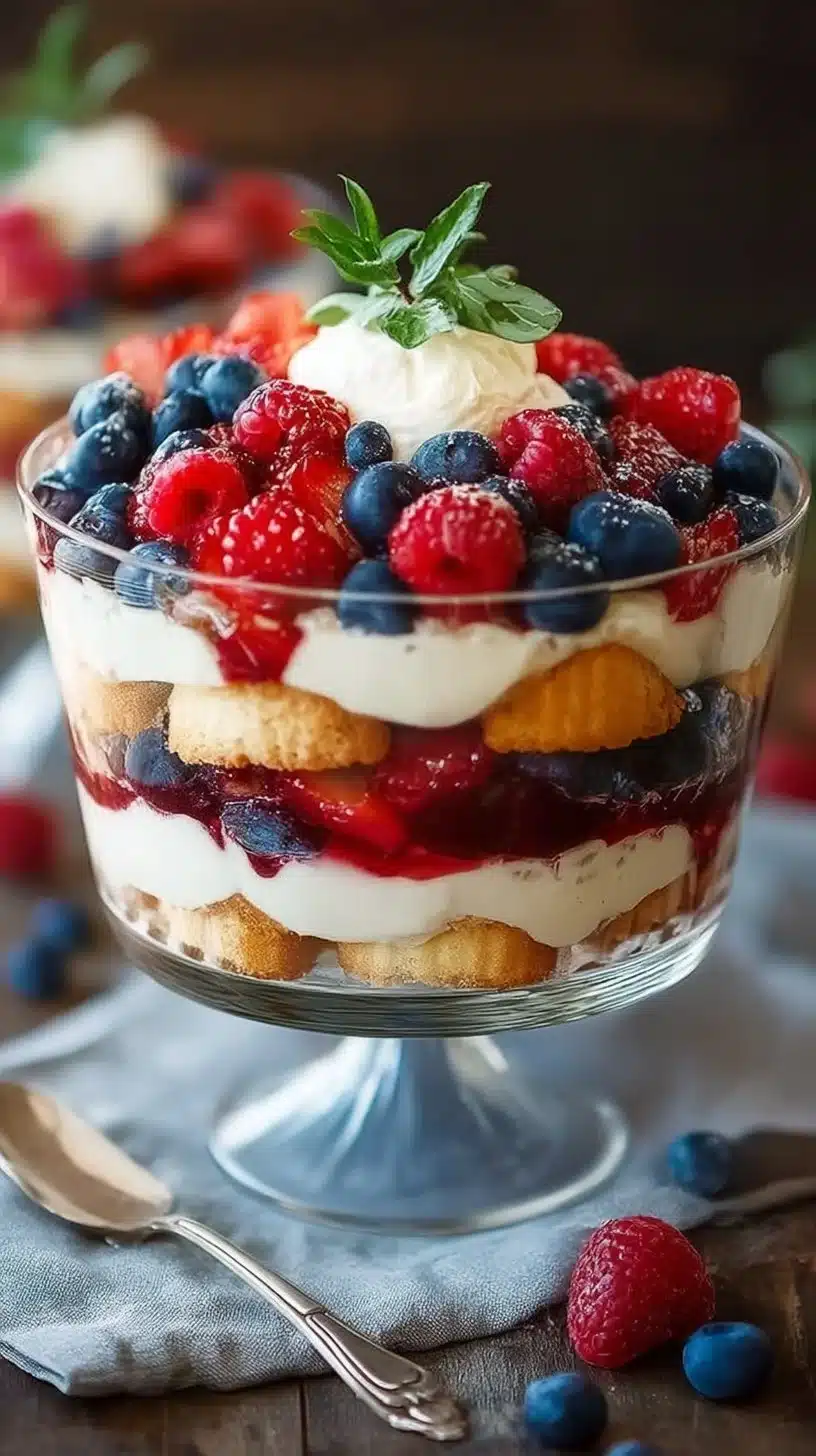 Delicious Mixed Berry Trifle served in a glass bowl with fresh berries and cream layers