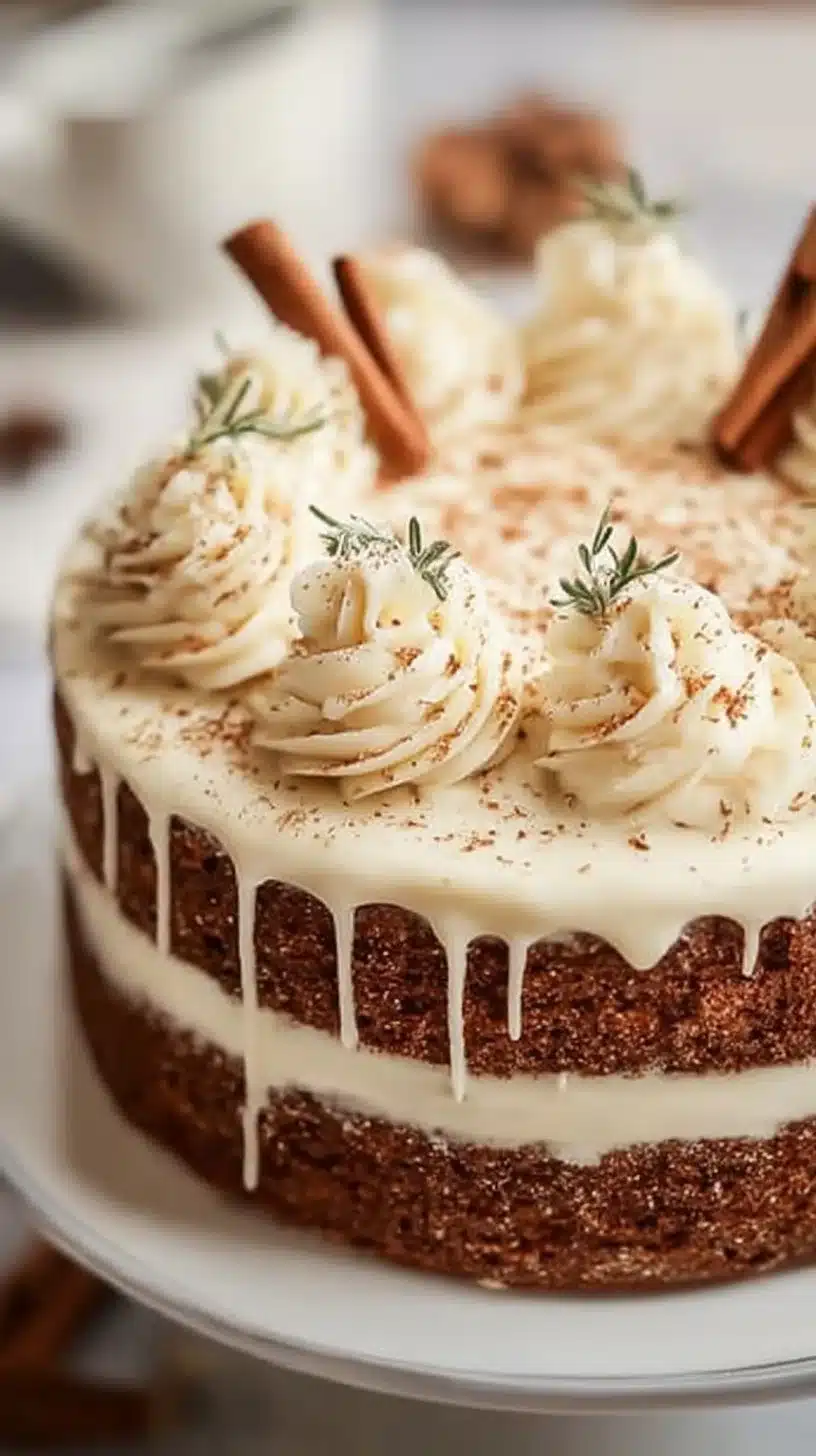 Moist Christmas spice cake with eggnog buttercream frosting for festive desserts