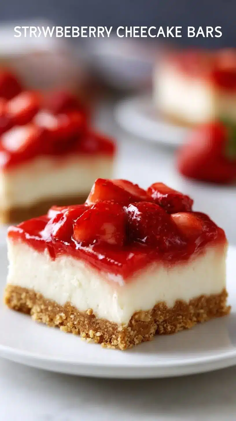 No-Bake Strawberry Cheesecake Bars topped with fresh strawberries.