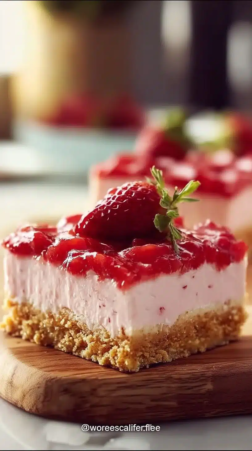 Delicious no-bake strawberry cheesecake bars presented on a plate