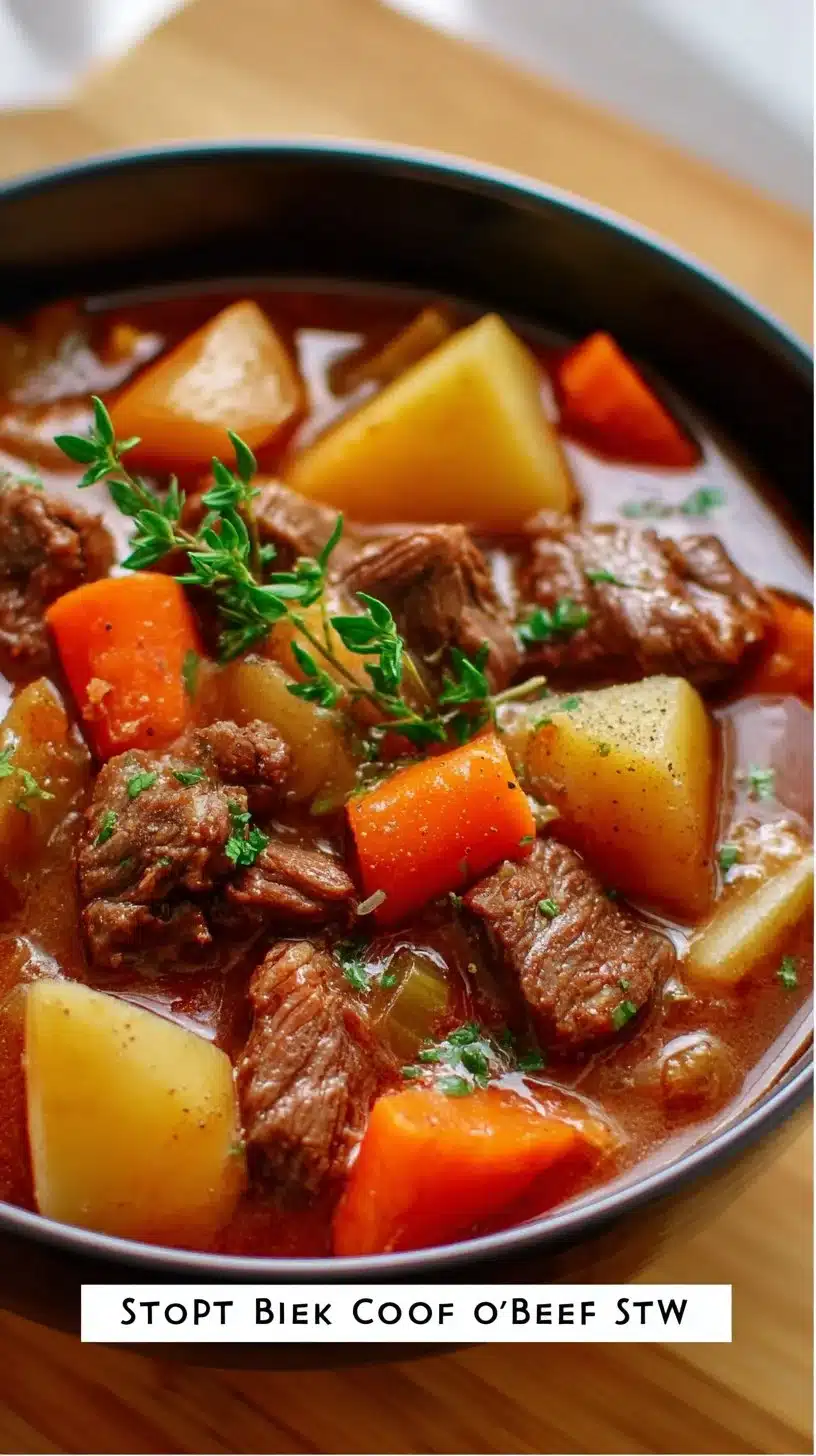 Delicious crock pot beef stew in a rustic bowl with fresh herbs.