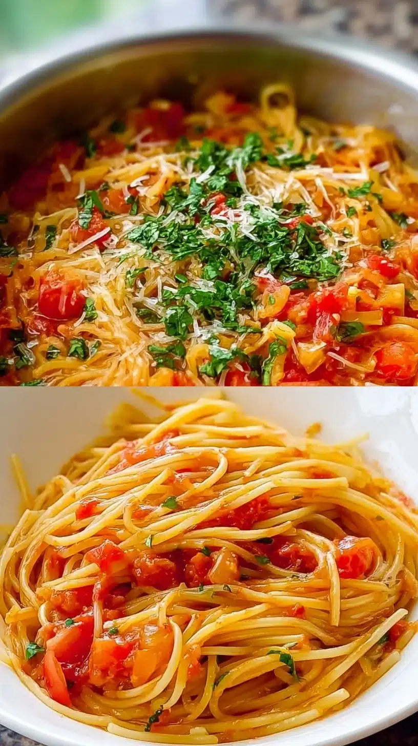 Delicious One Pot Pasta served in a bowl garnished with herbs