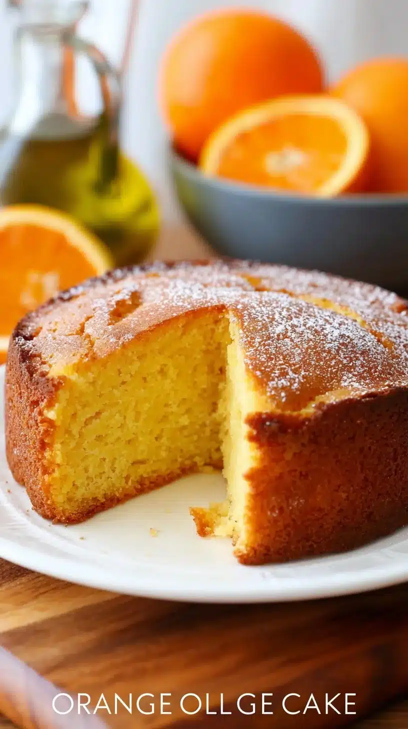 Delicious slice of orange olive oil cake on a rustic wooden table.
