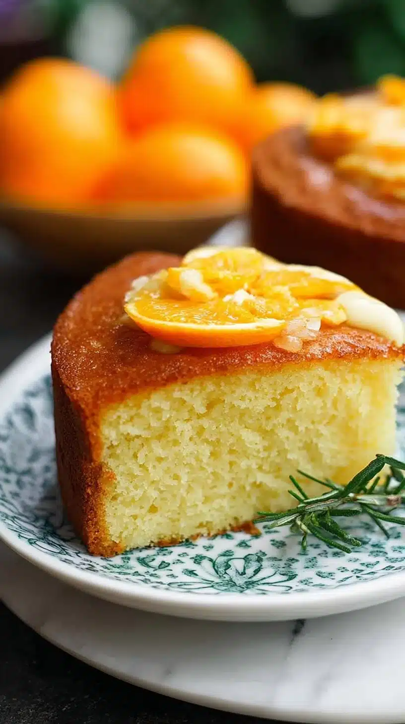 A delicious slice of Orange Olive Oil Cake on a white plate topped with orange zest.