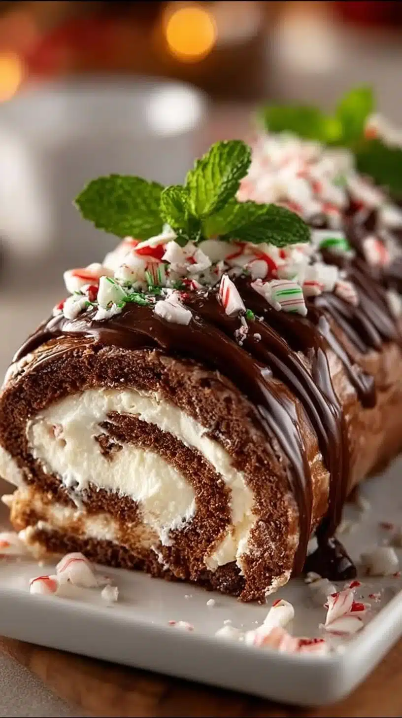 Festive Peppermint Crunch Yule Log Cake decorated for Christmas