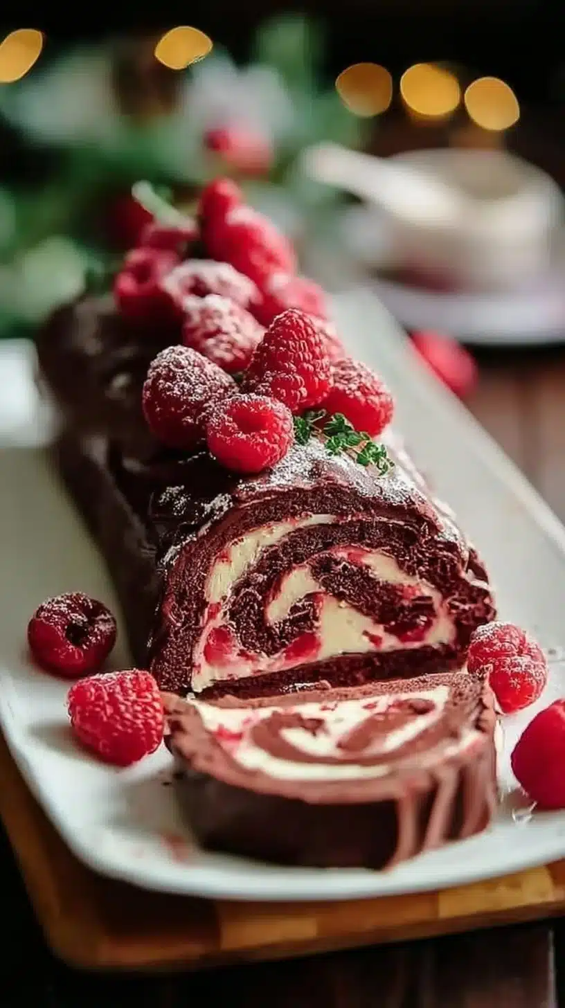 Raspberry Chocolate Yule Log dessert decorated with festive holiday toppings