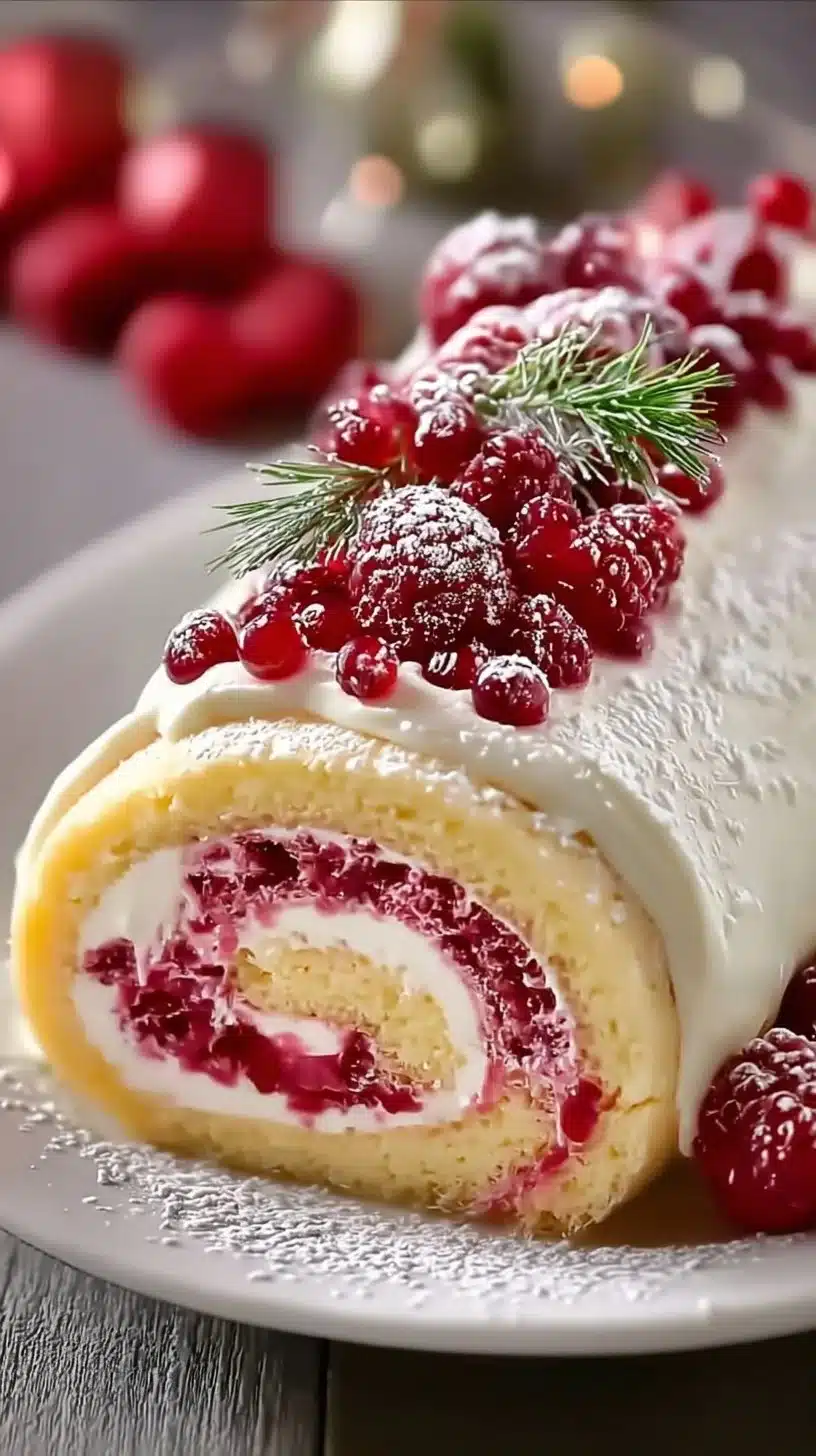 Raspberry Swirl Christmas Roll decorated for festive holiday celebration.