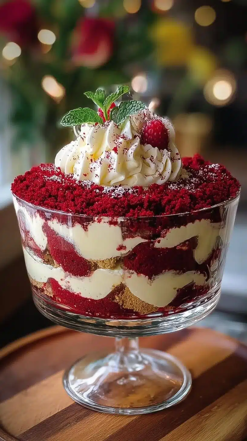 A delicious Red Velvet Cake Trifle layered with cream cheese and chocolate.
