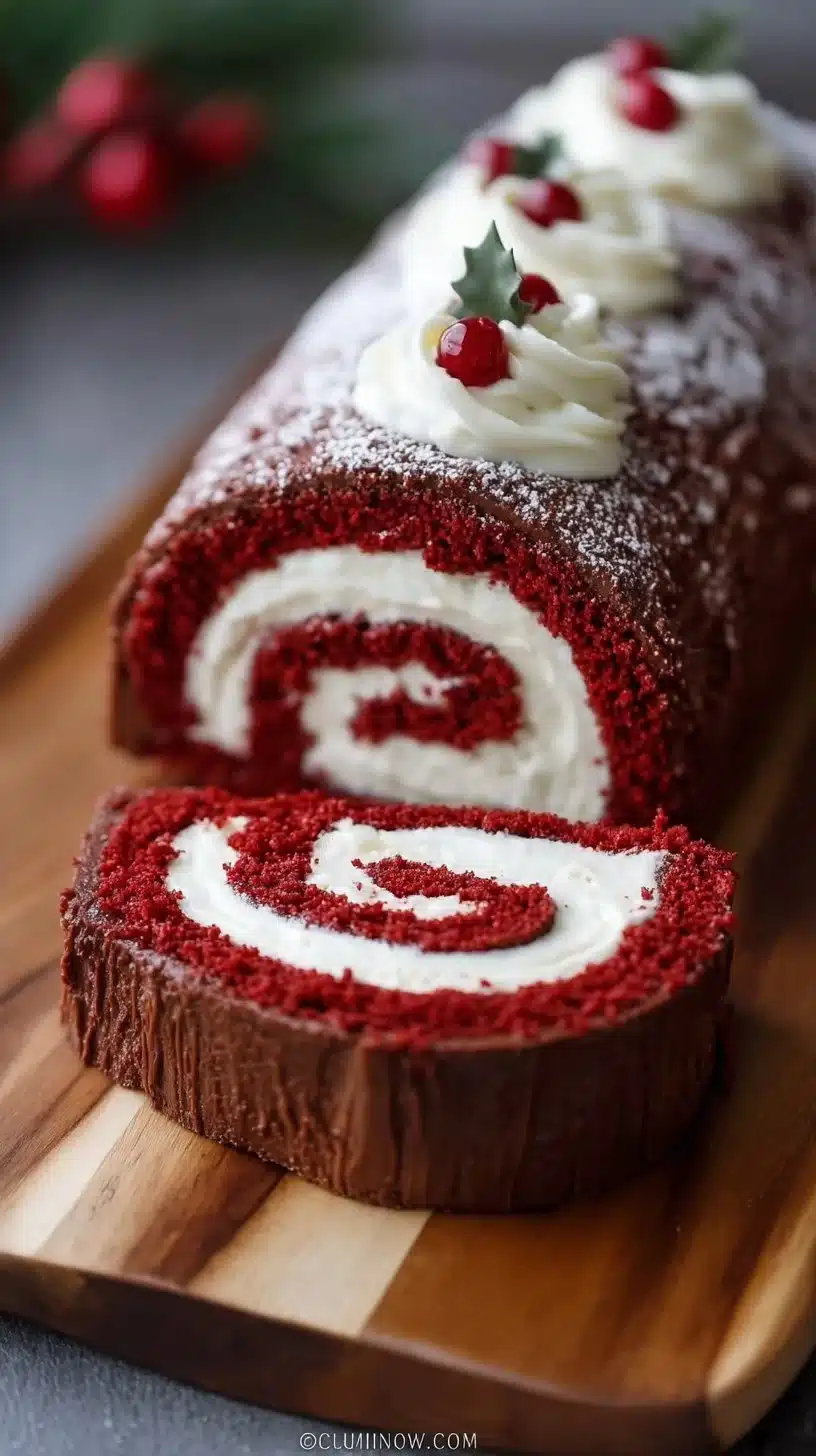 Delicious Red Velvet Yule Log decorated for the holidays