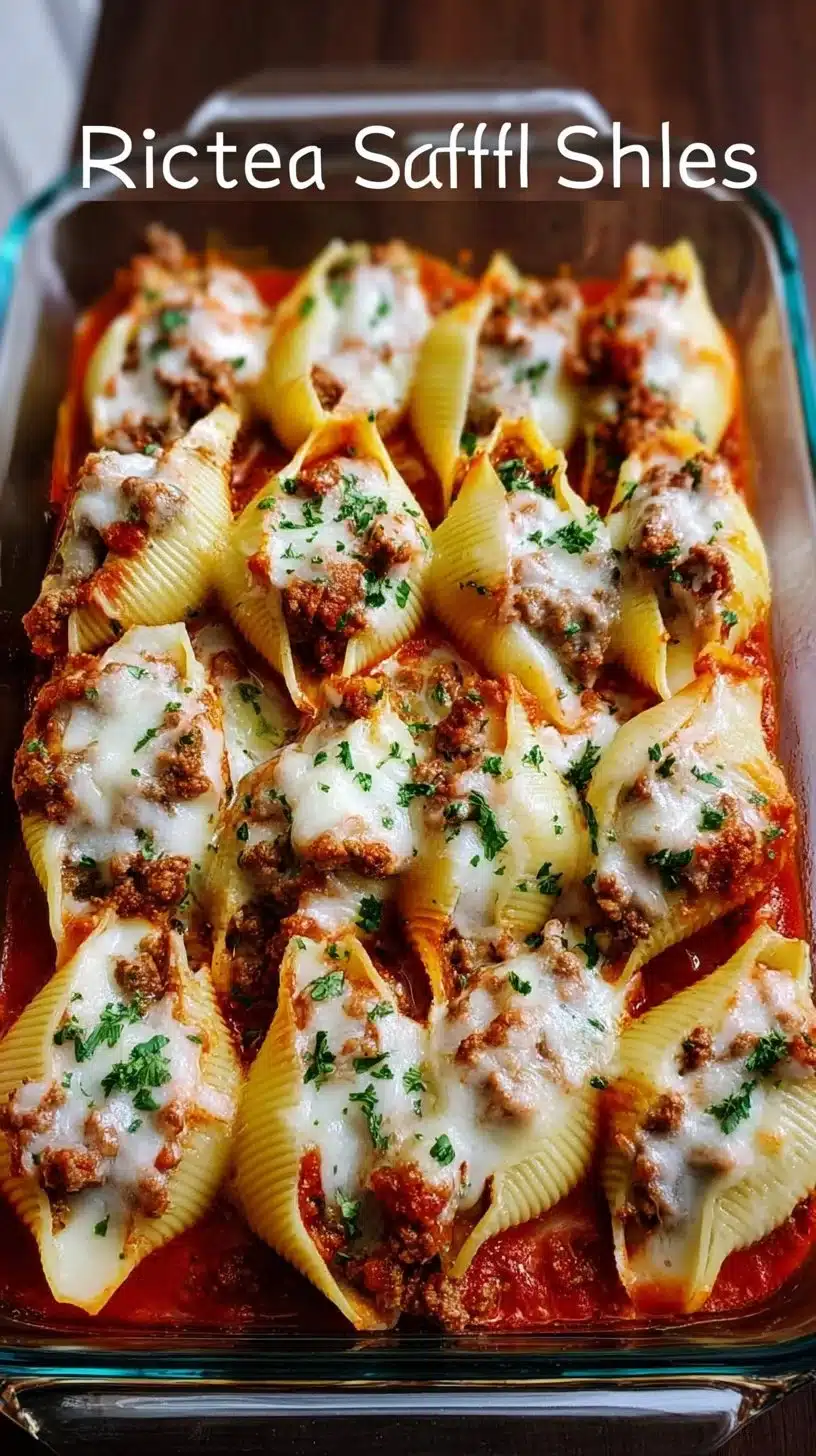 Delicious Ricotta Beef Stuffed Shells Gratin served with fresh herbs