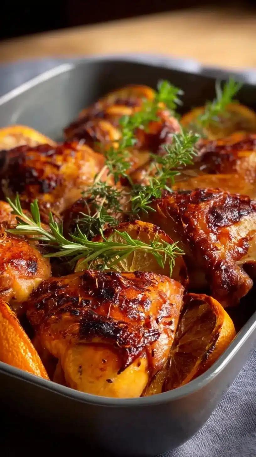 Delicious roasted orange chicken served with garnishes