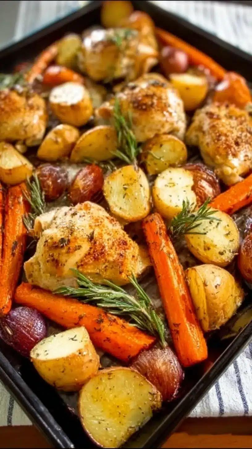Sheet pan chicken with roasted vegetables on a baking sheet