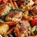 Sheet-Pan Chicken with colorful vegetables ready to serve