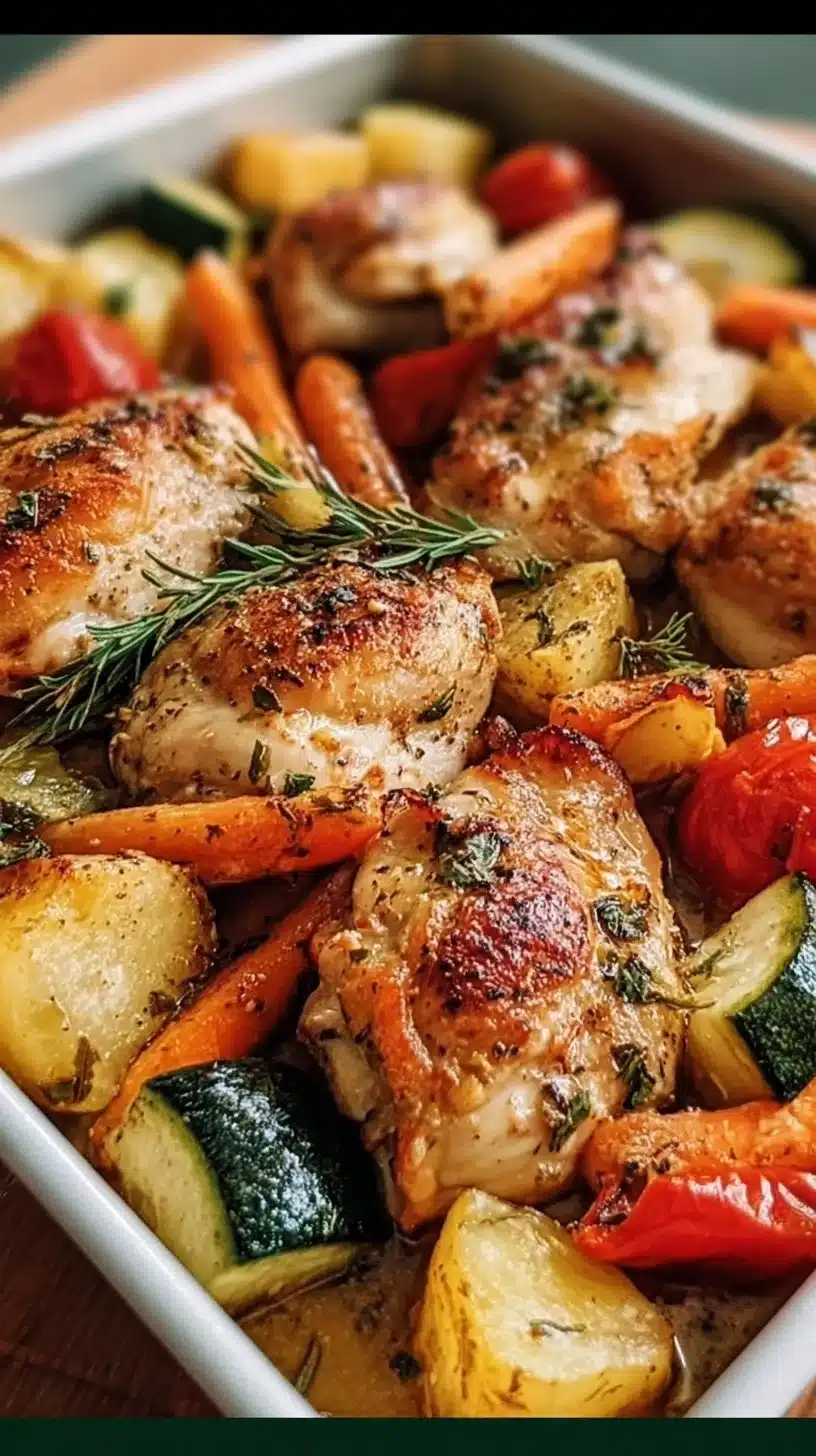 Sheet-Pan Chicken with colorful vegetables ready to serve