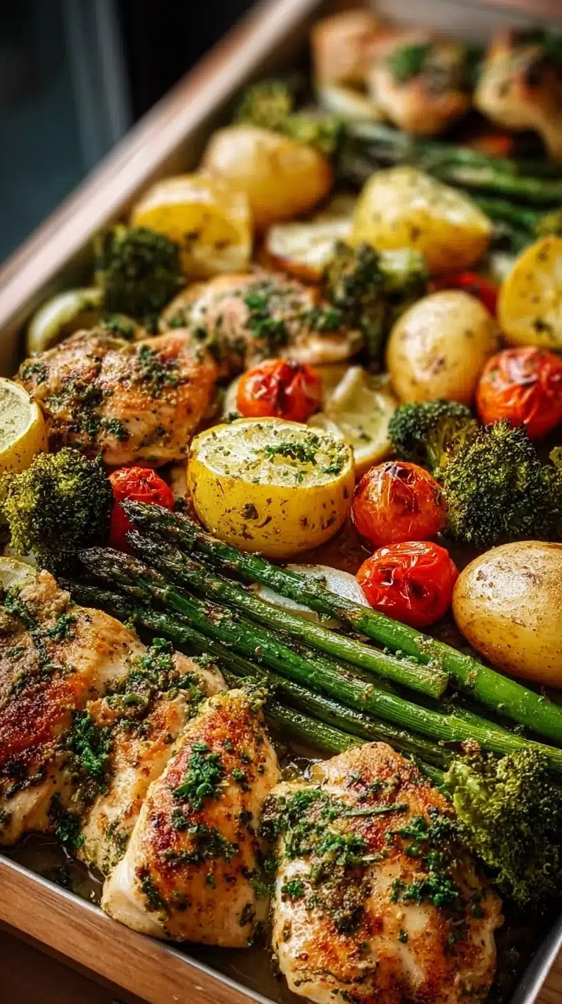 Sheet pan garlic butter chicken with roasted vegetables on a serving platter.