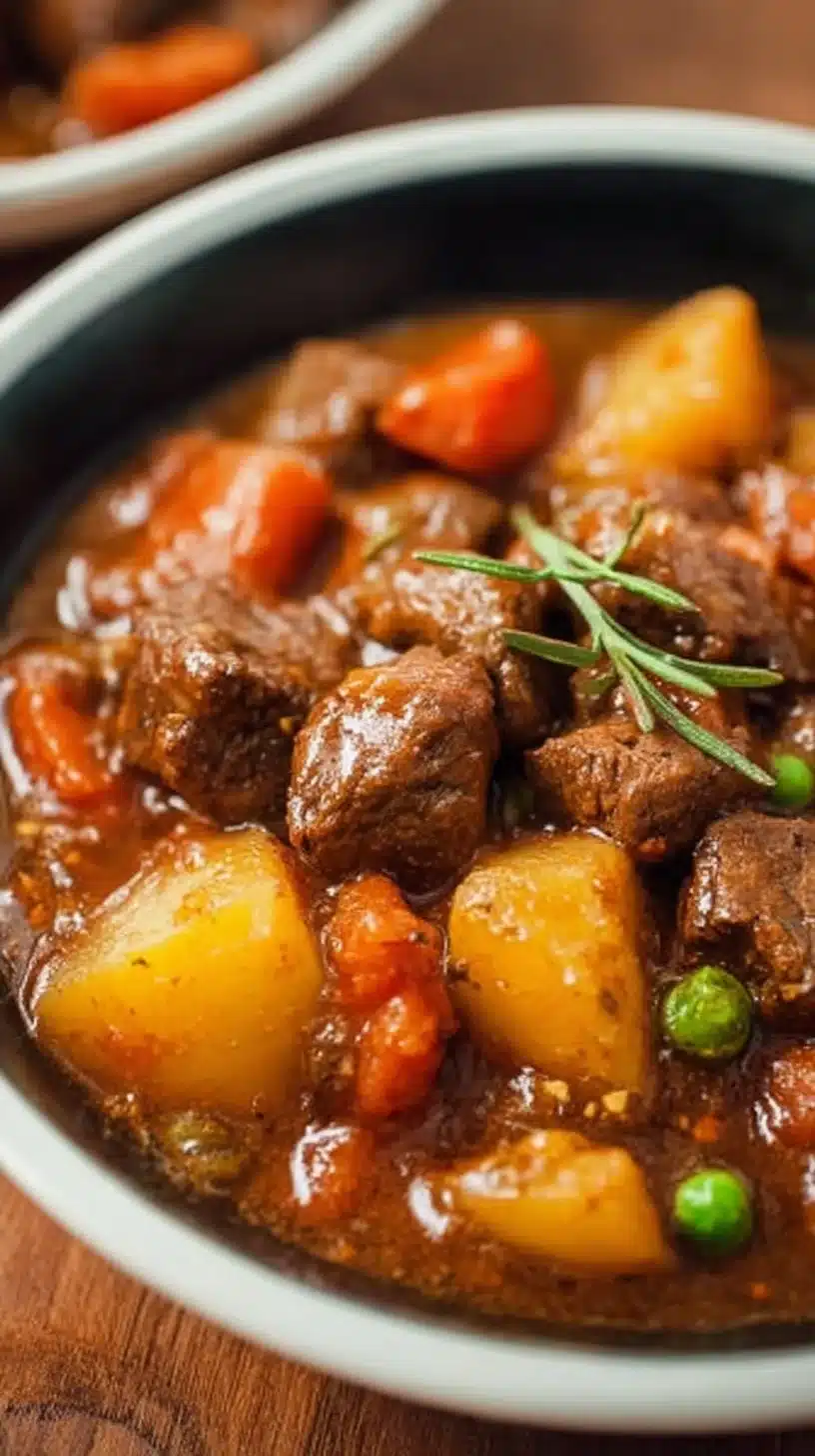 Hearty slow cooker beef stew with tender beef and fresh vegetables.