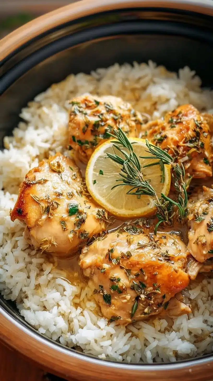 Dish of slow cooker lemon herb chicken served with fluffy rice