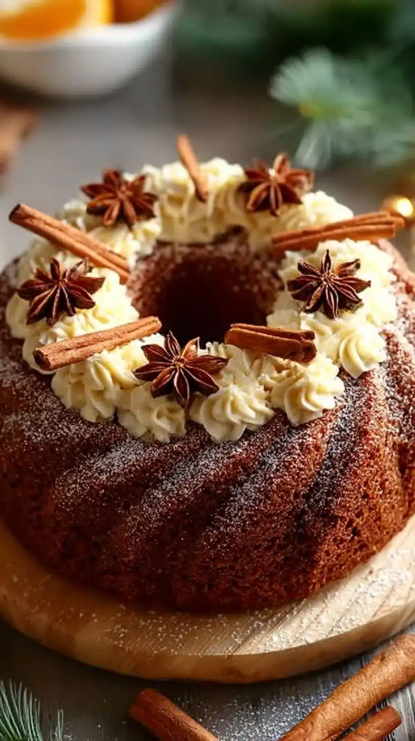 Spiced Gingerbread Wreath Cake decorated for the holidays