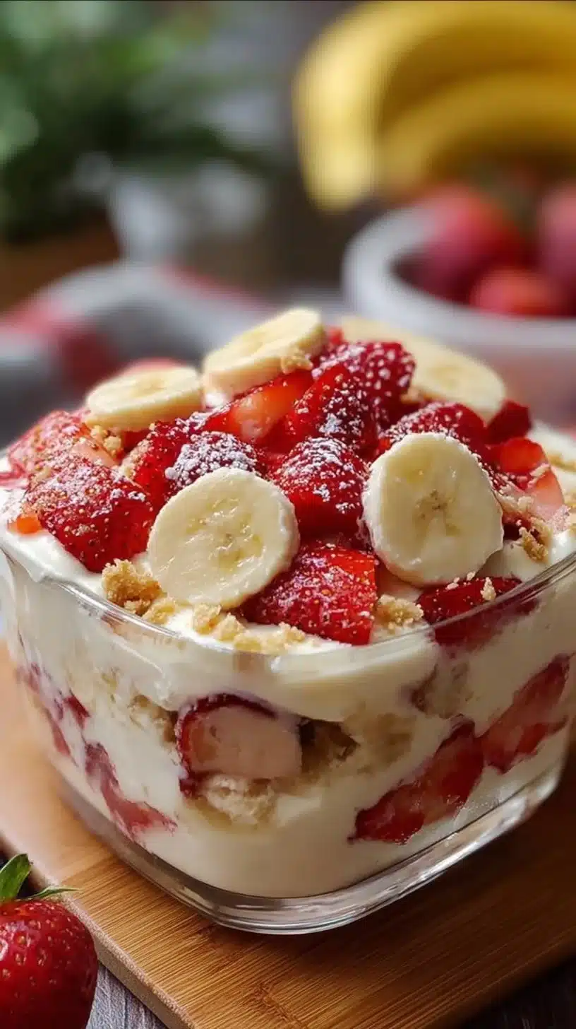 Delicious Strawberry Banana Pudding Dream served in a bowl with fresh strawberries and bananas.