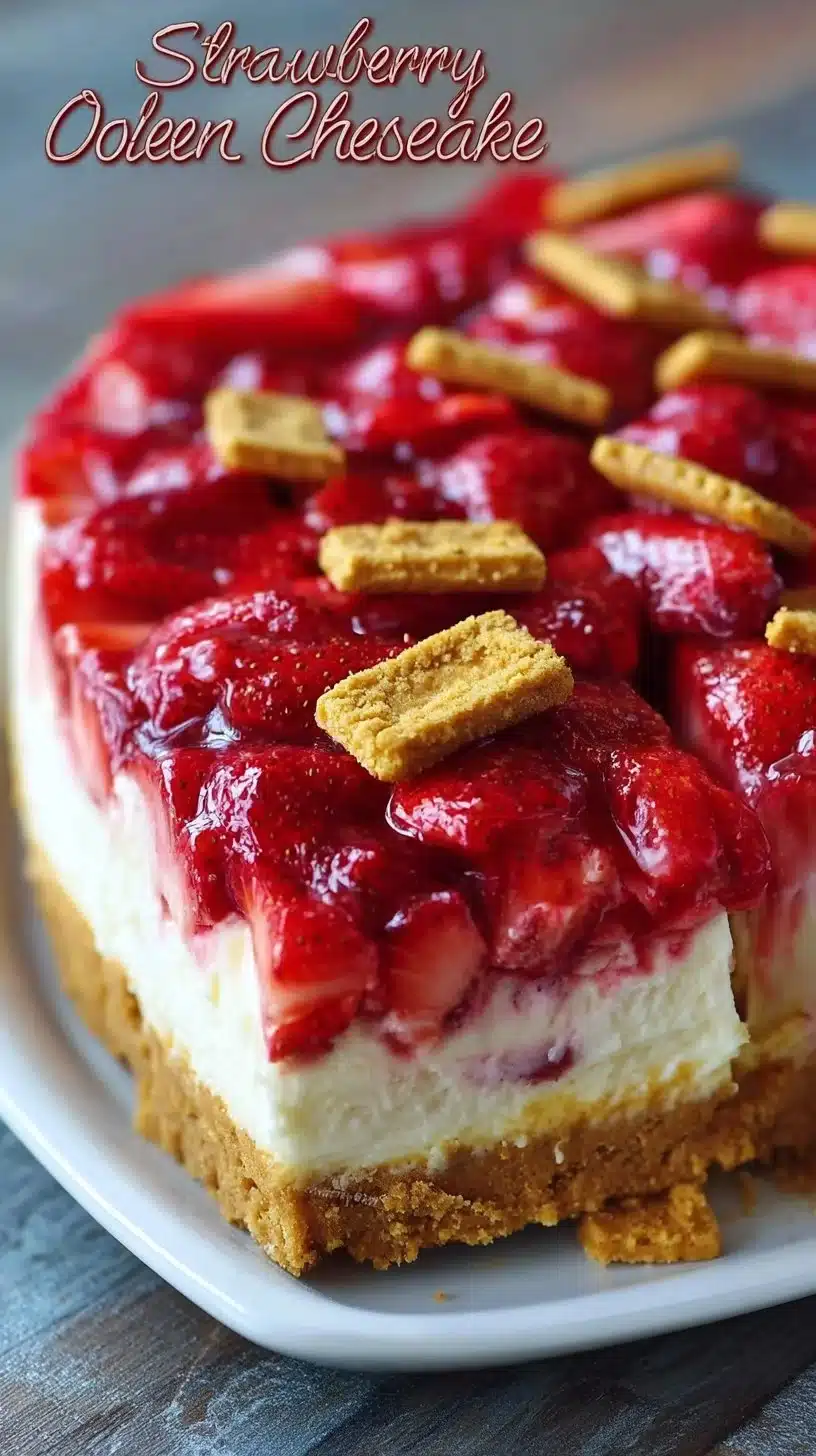 Delicious homemade Strawberry Cheesecake topped with fresh strawberries