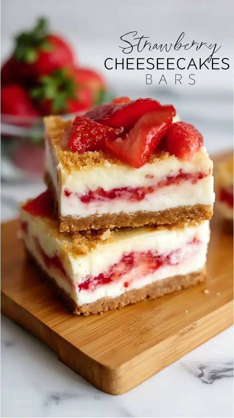 Delicious strawberry cheesecake bars topped with fresh strawberries.