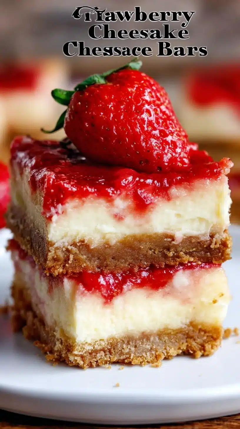 Delicious Strawberry Cheesecake Bars topped with fresh strawberries