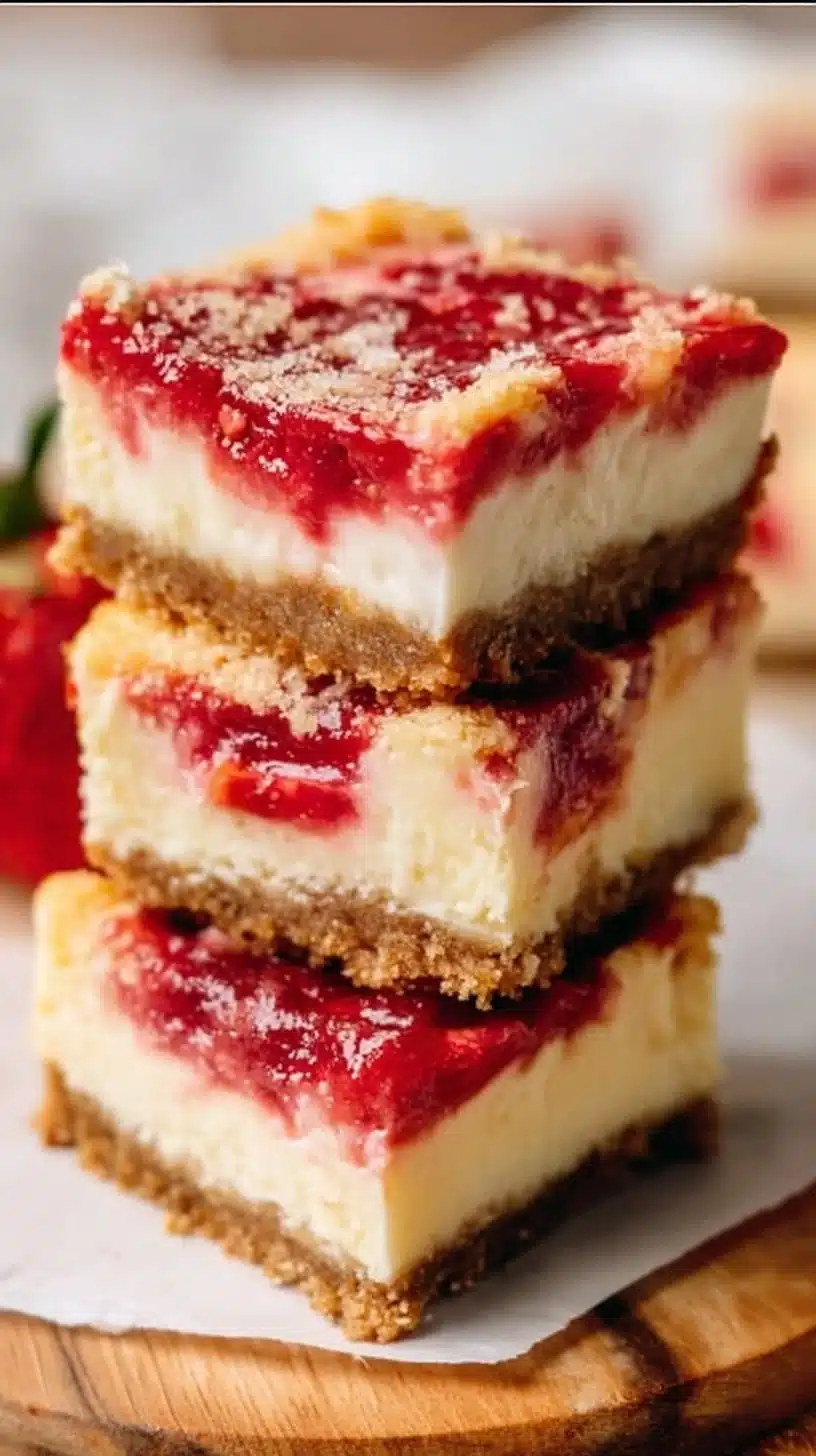 Delicious strawberry cheesecake bars topped with fresh strawberries and creamy texture