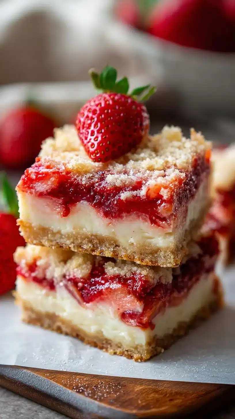 Delicious strawberry cheesecake bars with a graham cracker crust