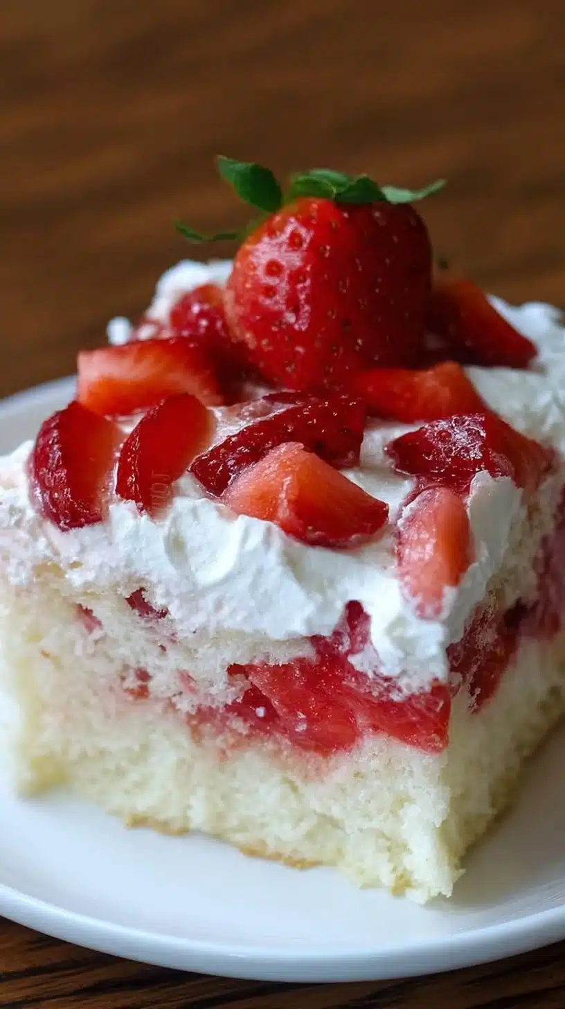 Slice of Strawberry Cheesecake Poke Cake with fresh strawberries on top