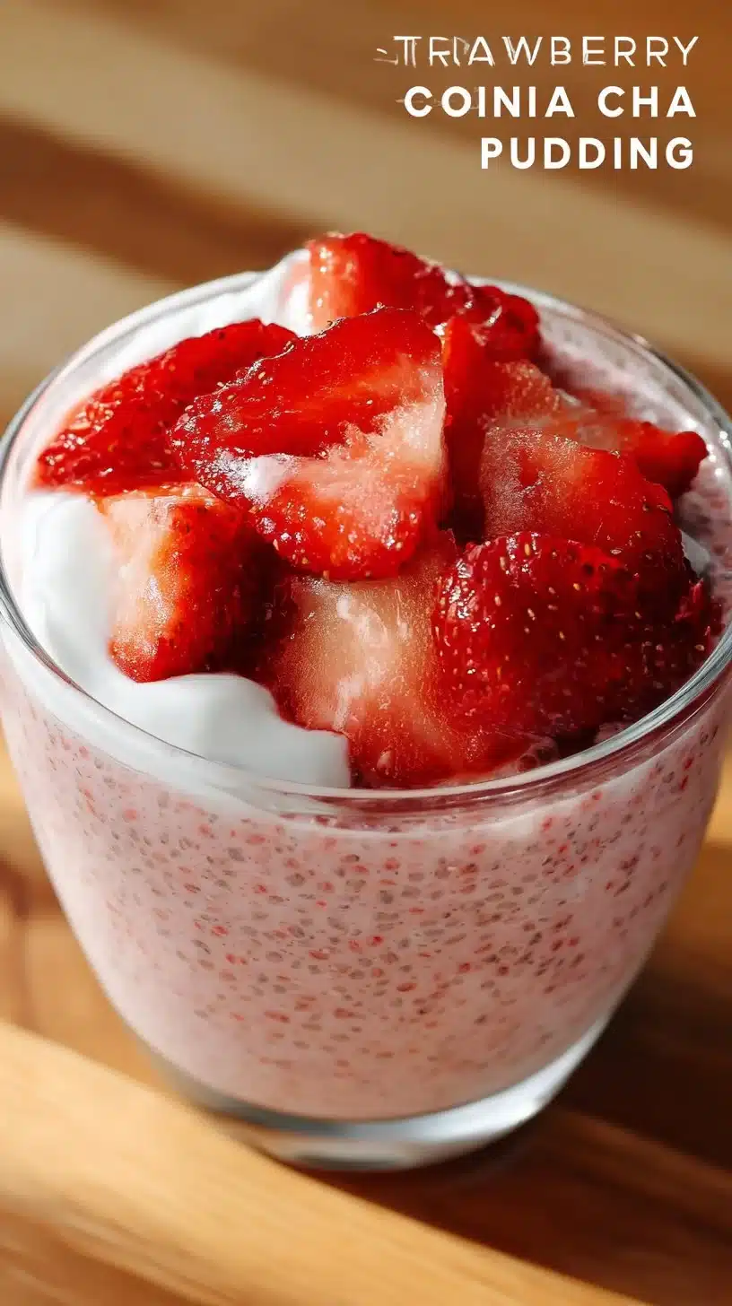 Delicious Strawberry Coconut Milk Chia Seed Pudding topped with fresh strawberries.