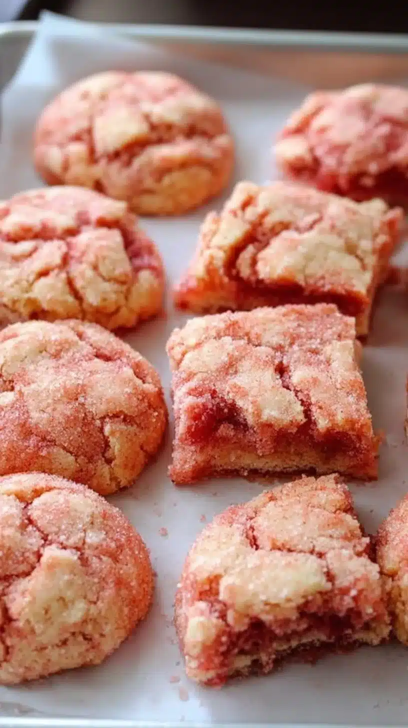 Freshly baked strawberry cookies on a cooling rack