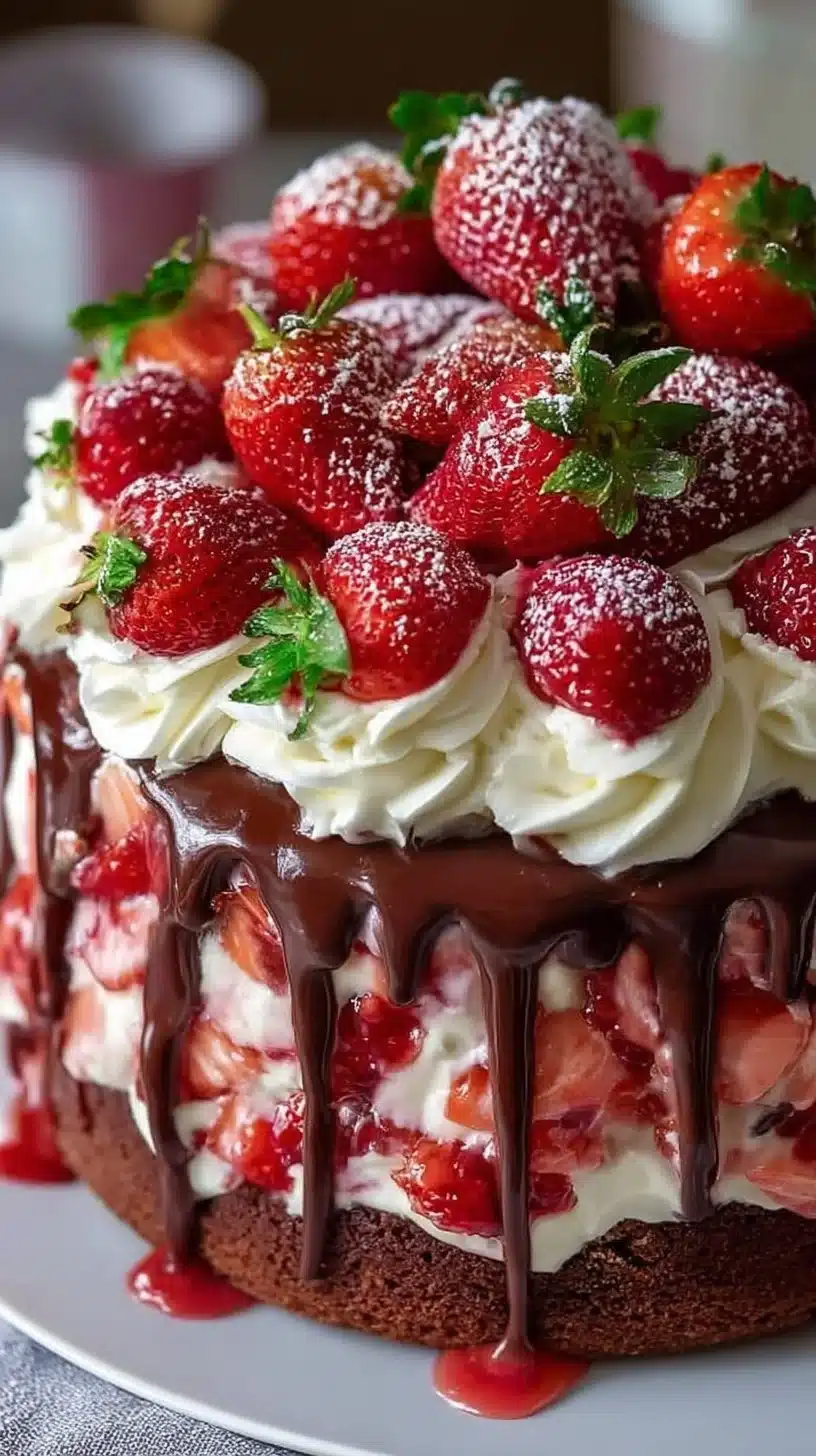 Delicious Strawberry Earthquake Cake with creamy layers and fresh strawberries