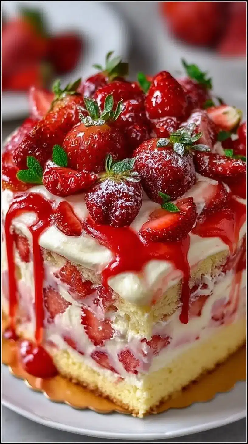 Delicious Strawberry Seismic Cake with fresh strawberries and whipped cream