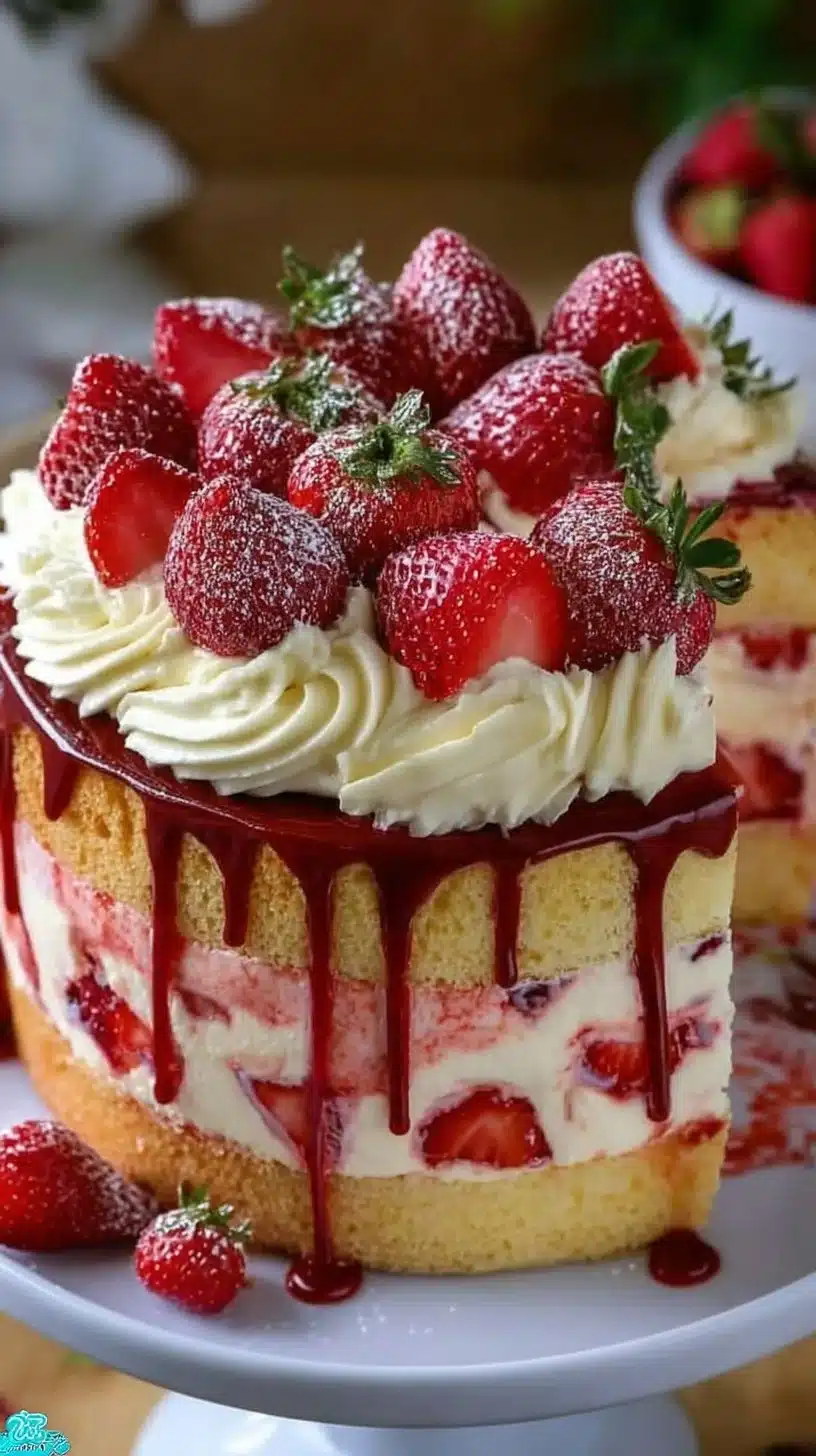 Delicious Strawberry Seismic Cake topped with fresh strawberries and cream