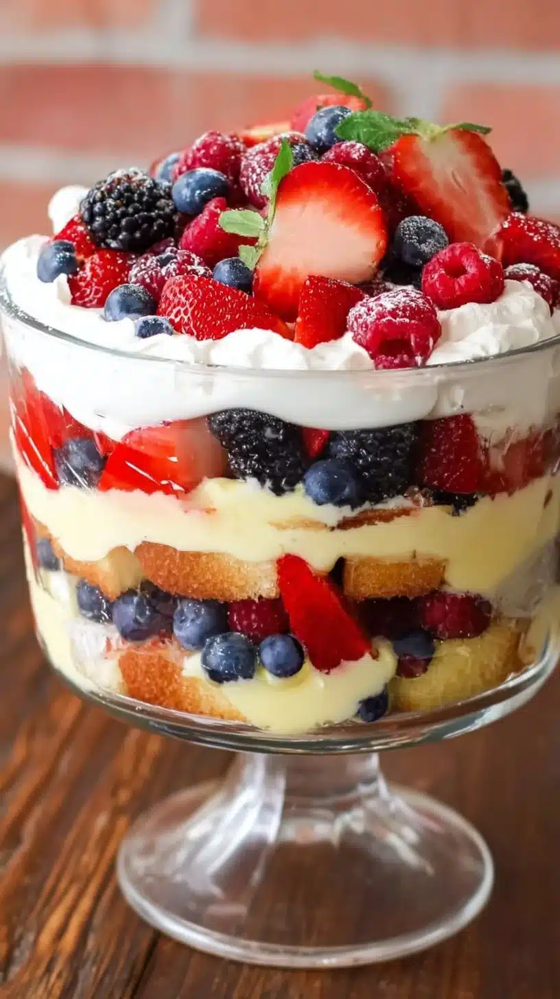 Delicious summer berry trifle layered with fresh berries and whipped cream