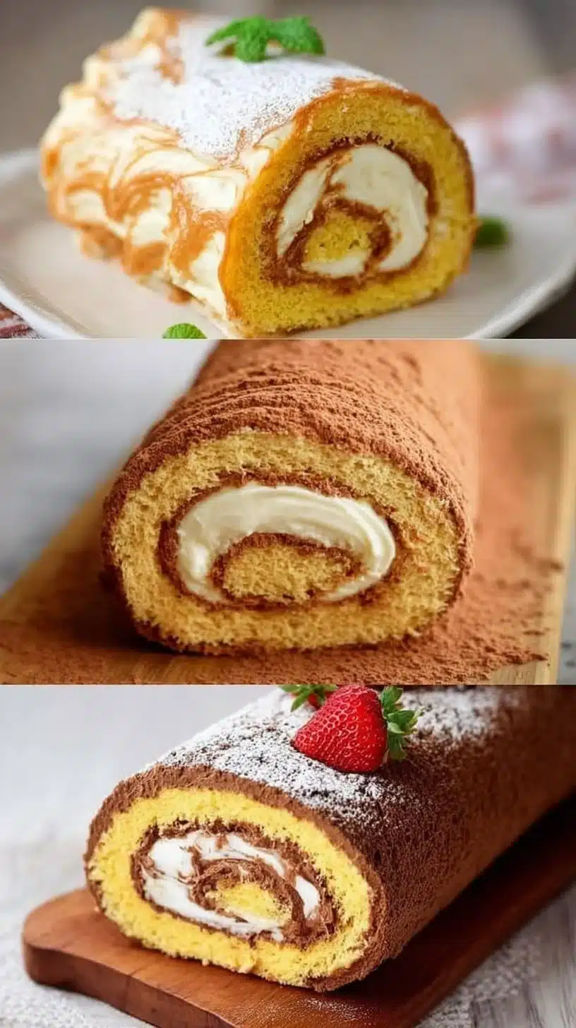 Delicious homemade Swiss Roll dessert with cream filling and colorful toppings.