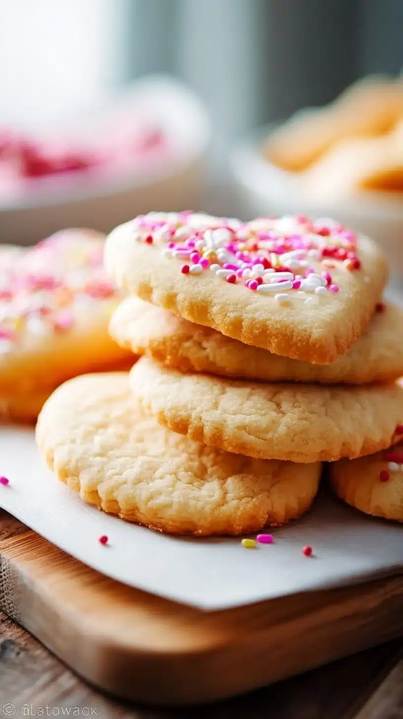 Plate of freshly baked sugar cookies decorated with sprinkles and icing