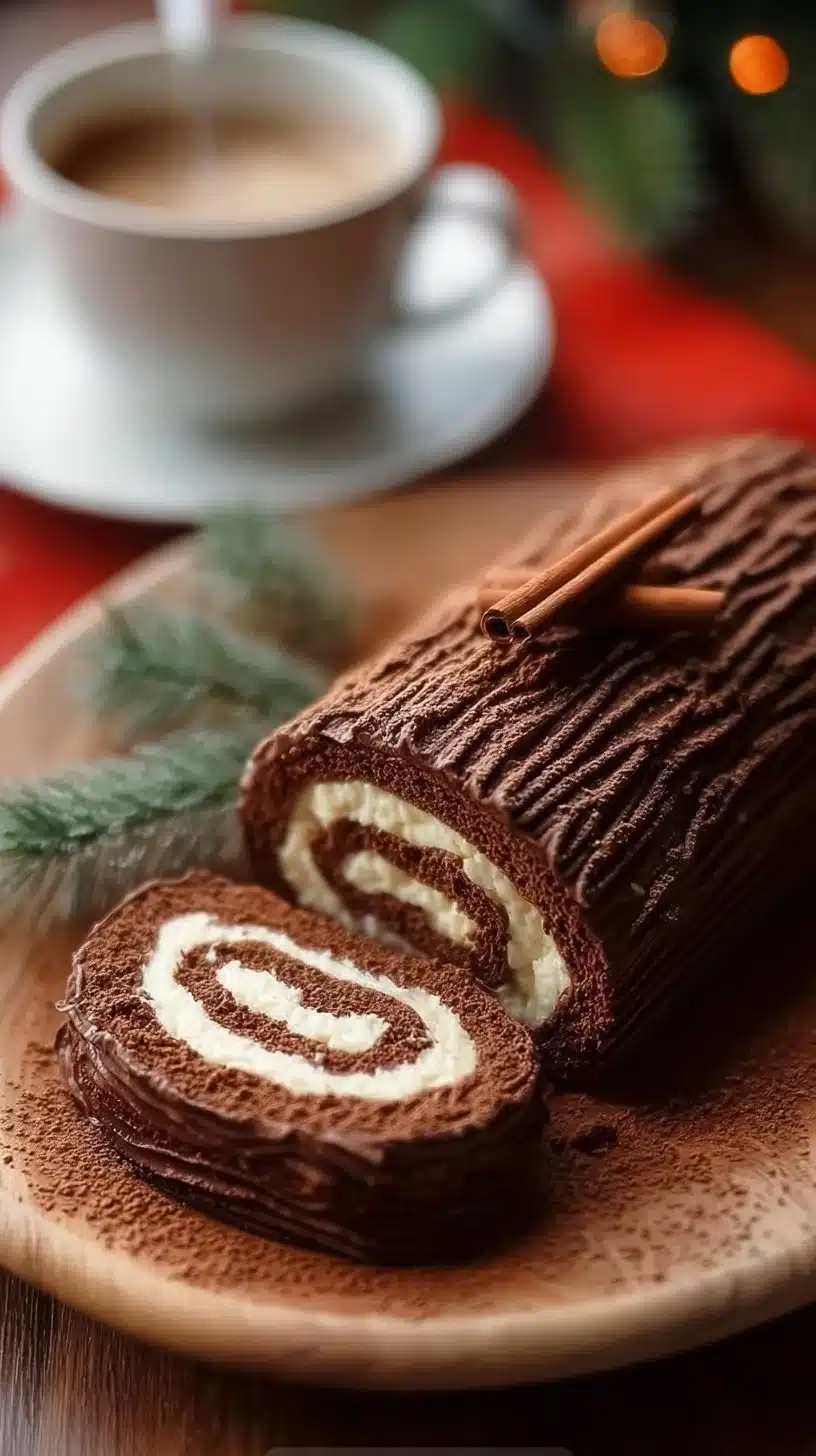 Traditional Yule Log dessert decorated for winter celebrations