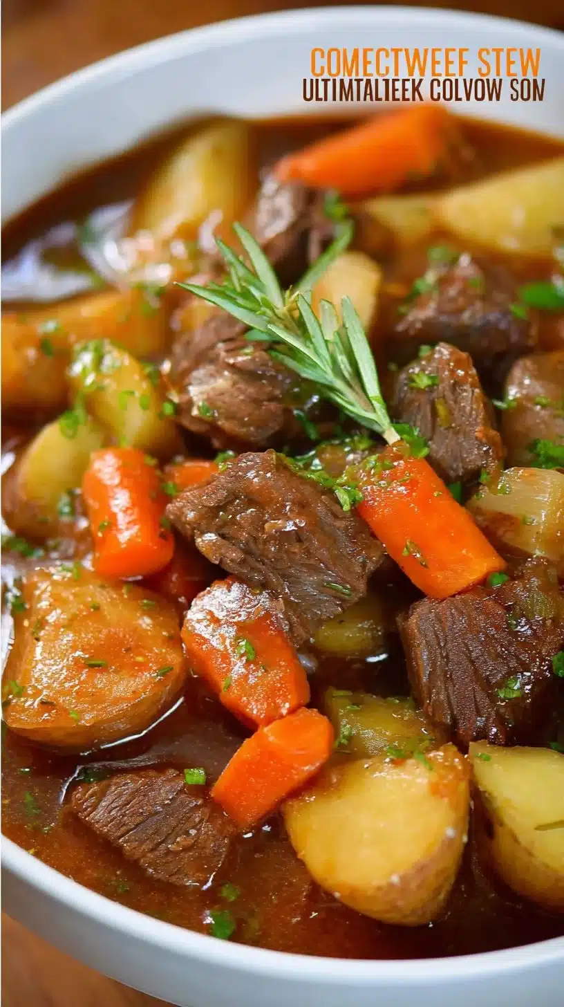 Bowl of ultimate slow cooker beef stew with vegetables and herbs