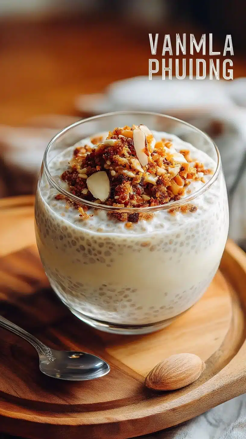 Vanilla almond chia pudding topped with almonds and vanilla essence