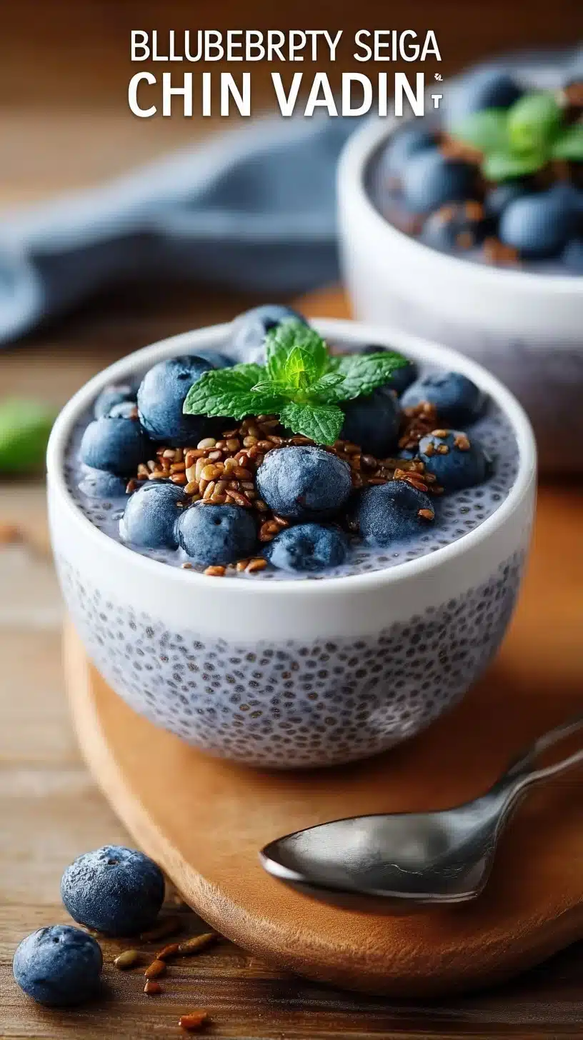 Vegan blueberry chia seed pudding in a glass topped with fresh blueberries