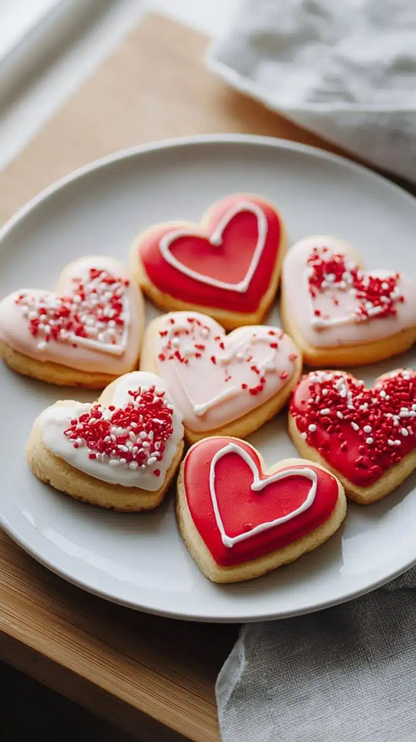 Vegan Valentine's Day sugar cookies decorated with hearts on a plate