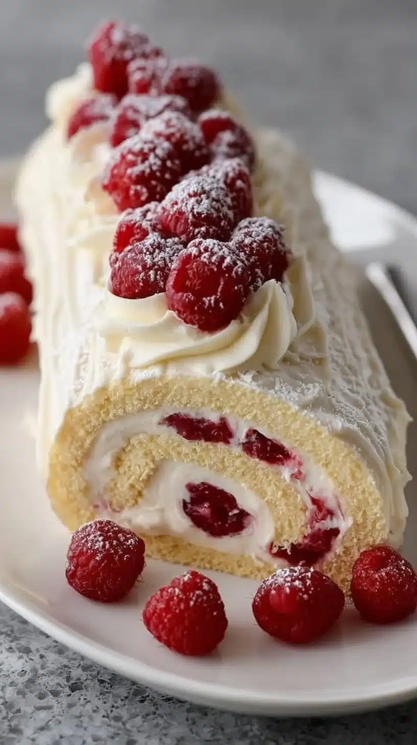 White Chocolate Raspberry Yule Log dessert on a festive table