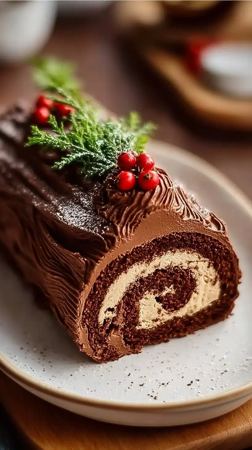 Delicious Yule Log Cake decorated with festive elements for Christmas