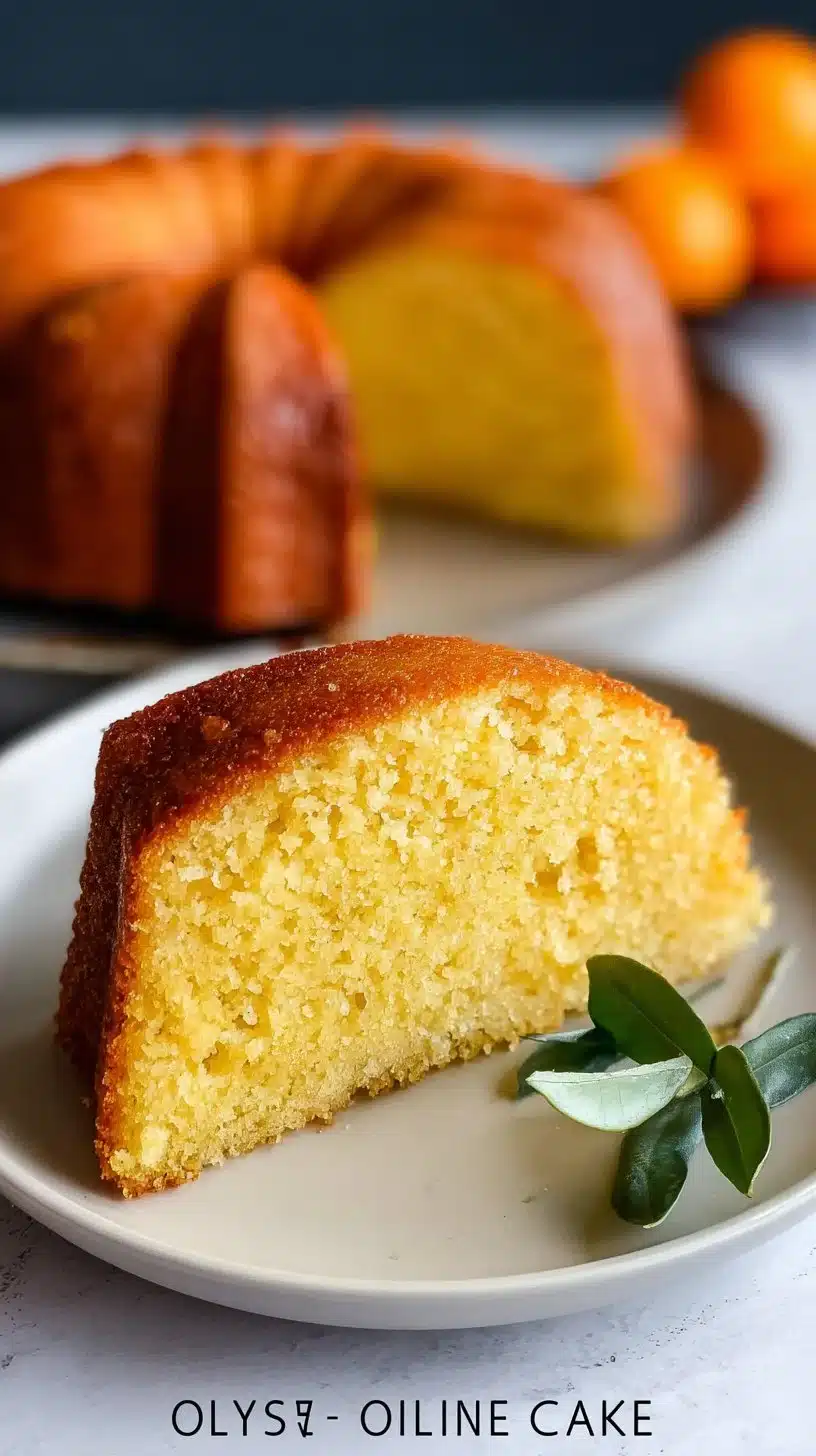 Zesty orange olive oil cake served on a plate with orange slices