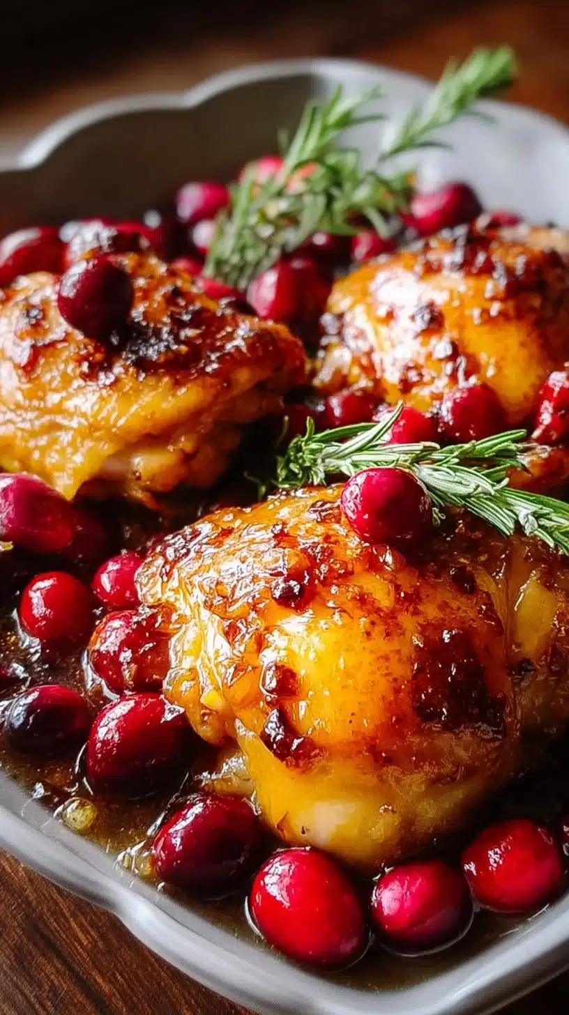 Baked Orange Cranberry Chicken Thighs served on a plate with garnish