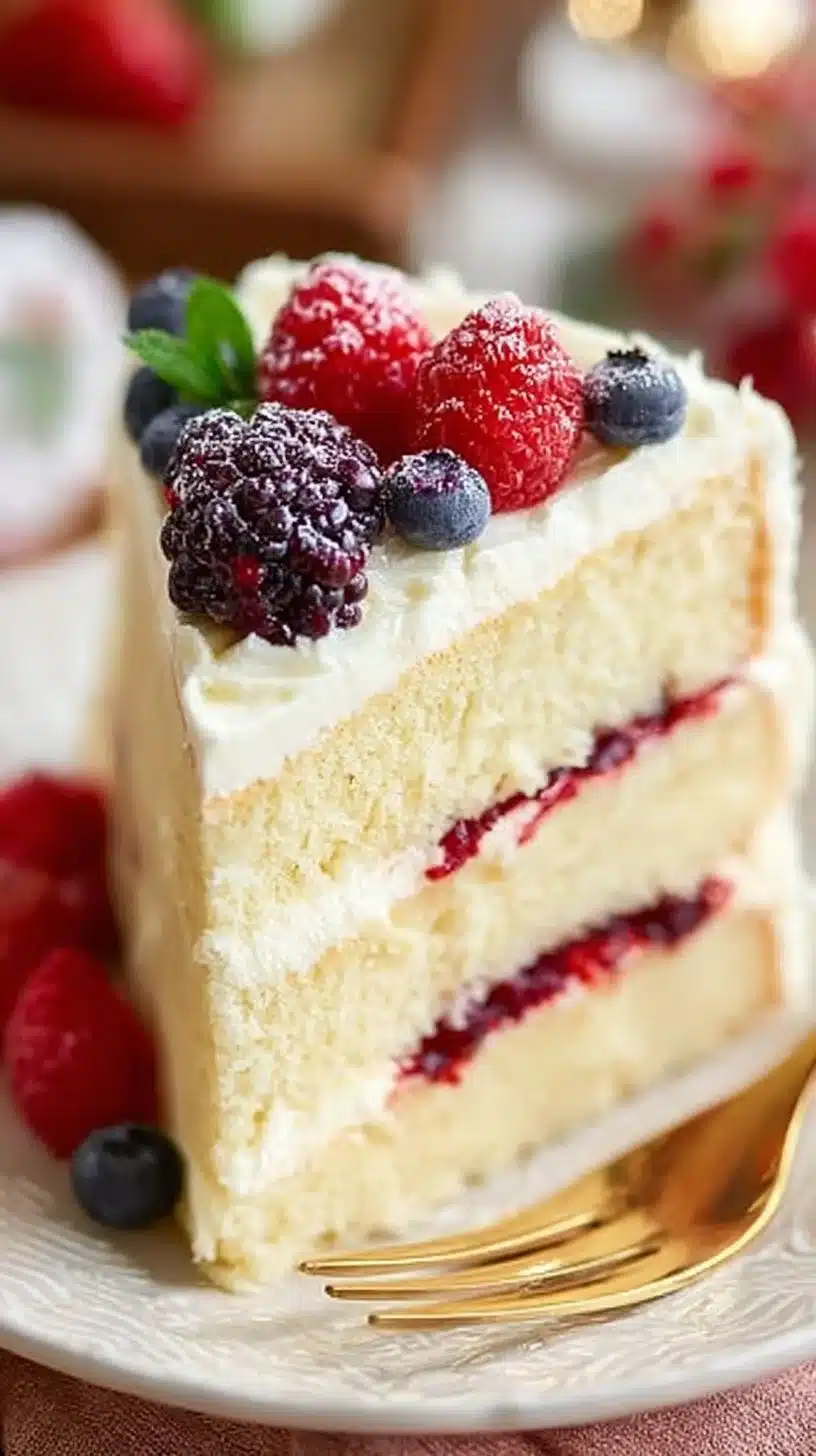 Delicious Berry Mascarpone Layer Cake topped with fresh berries and creamy mascarpone frosting.