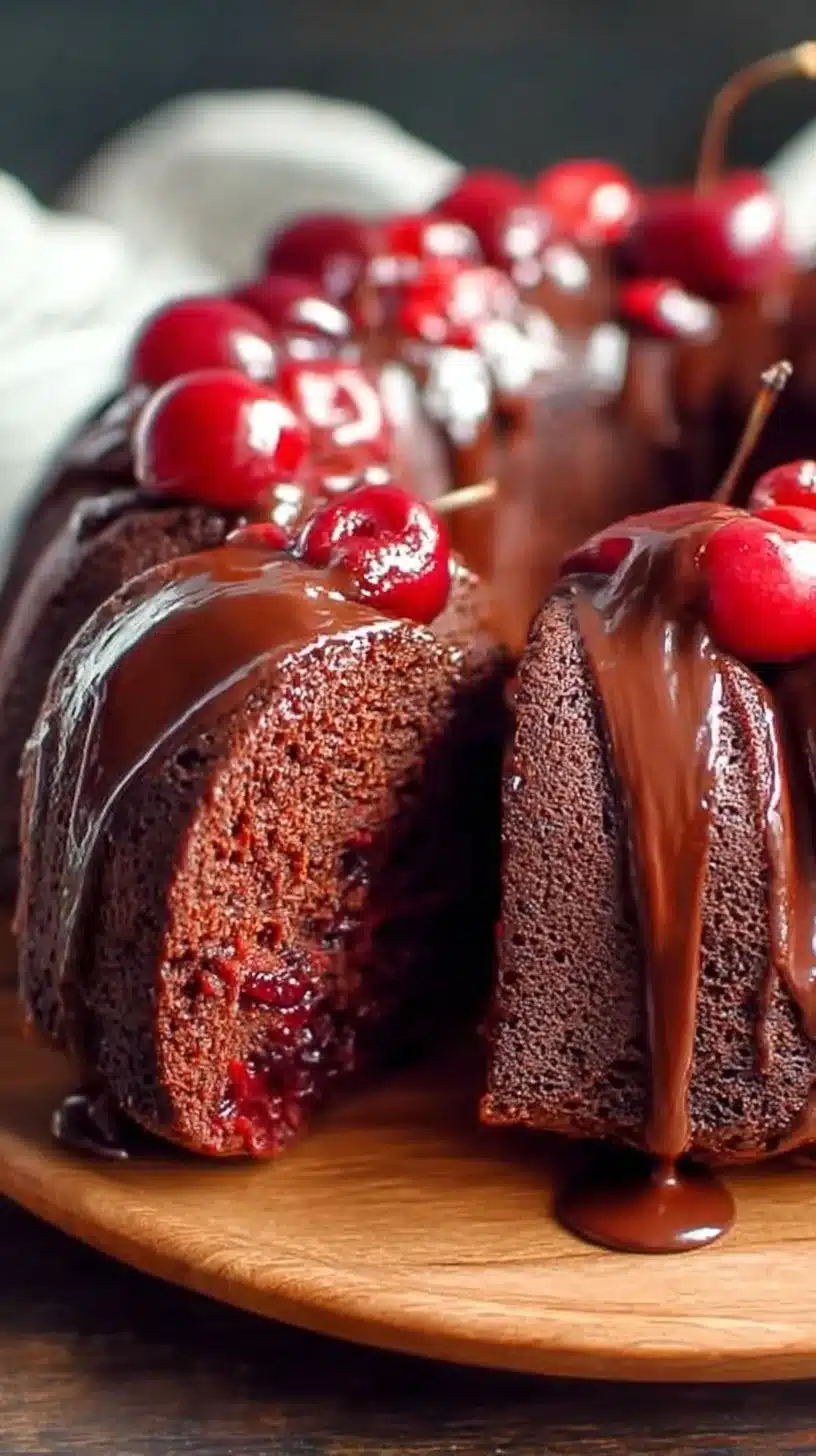 Delicious homemade Chocolate Cherry Bundt Cake topped with cherries and chocolate glaze