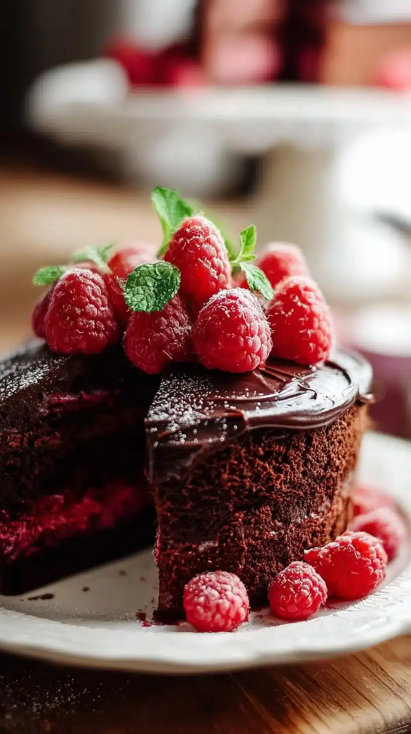 Delicious homemade chocolate raspberry cake topped with fresh raspberries